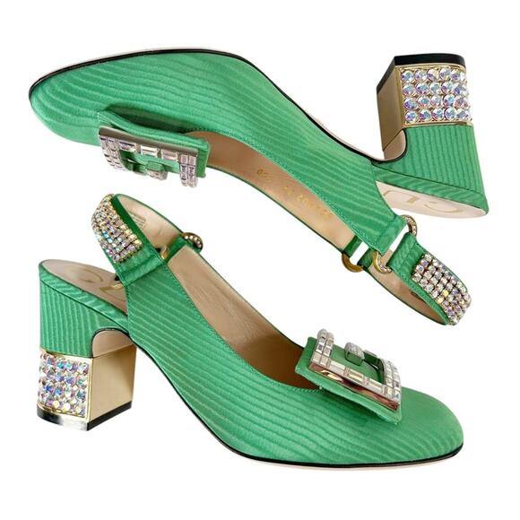 GUCCI Madelyn Crystal Square G Embellished Silk Satin Slingback Heels - Picture 4 of 11